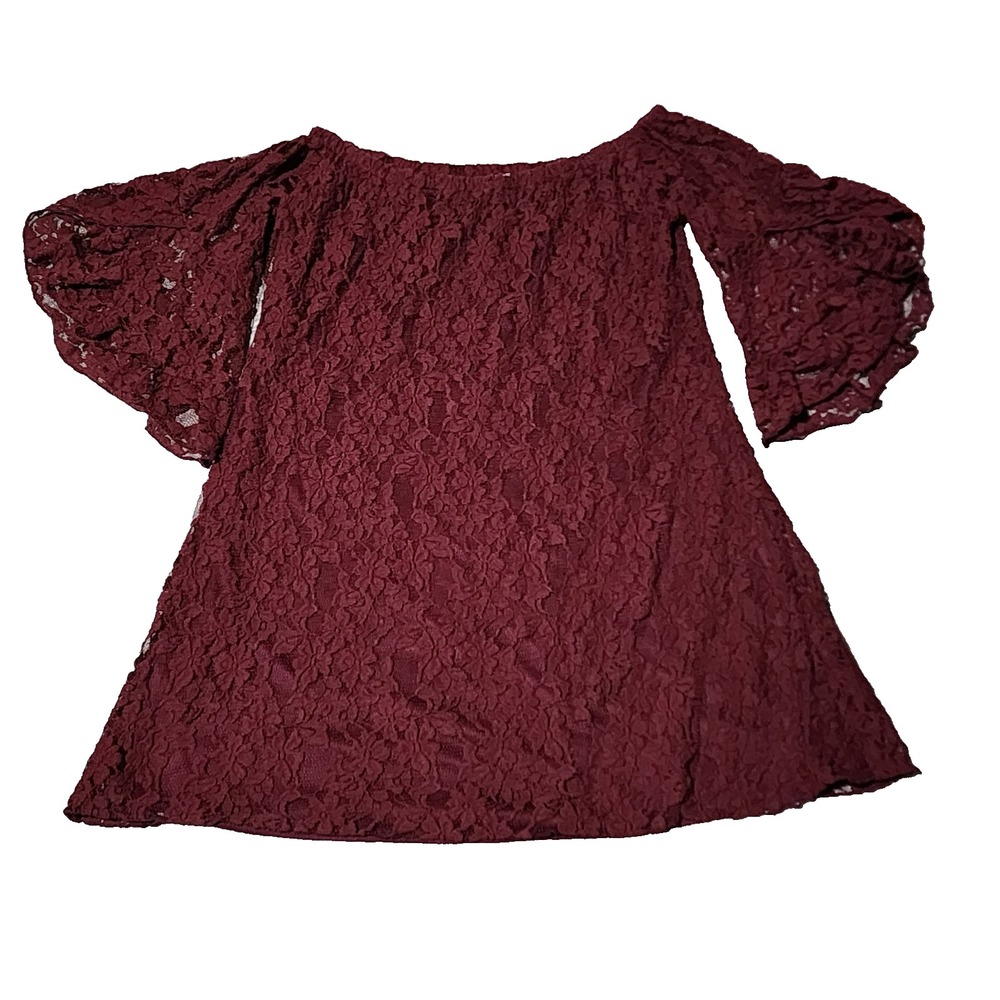 Y2K Whimsigoth Burgundy Lace Dress Off Shoulder Bell Sleeve Boho Fairy Romantic